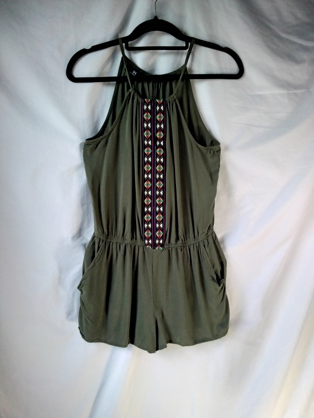 I.N. San Francisco Olive Embroidered Halter Romper